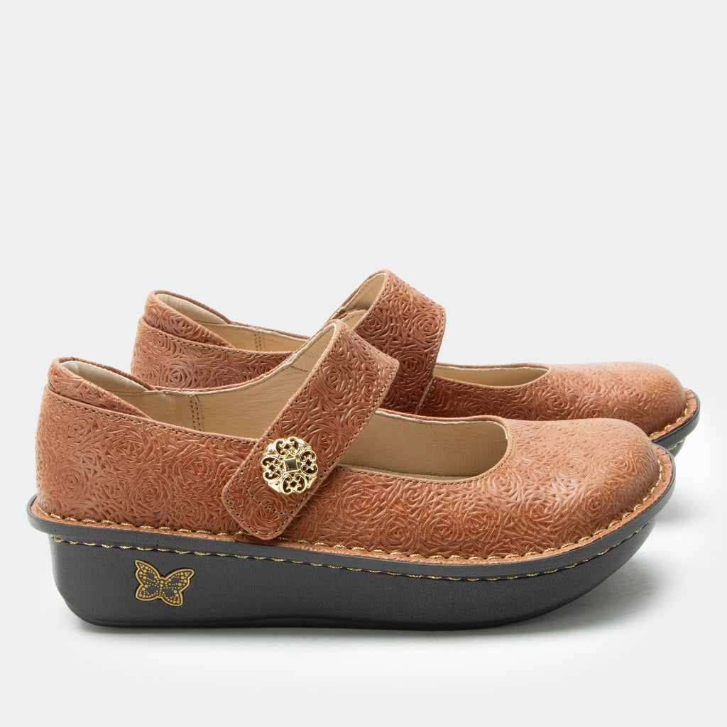 Paloma Carmelita Mary Jane on a Classic rocker outsole | Carmel colored mary jane shoe with laser etched leather uppers.