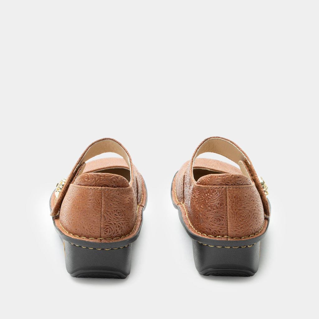 Paloma Carmelita Mary Jane on a Classic rocker outsole | Carmel colored mary jane shoe with laser etched leather uppers.