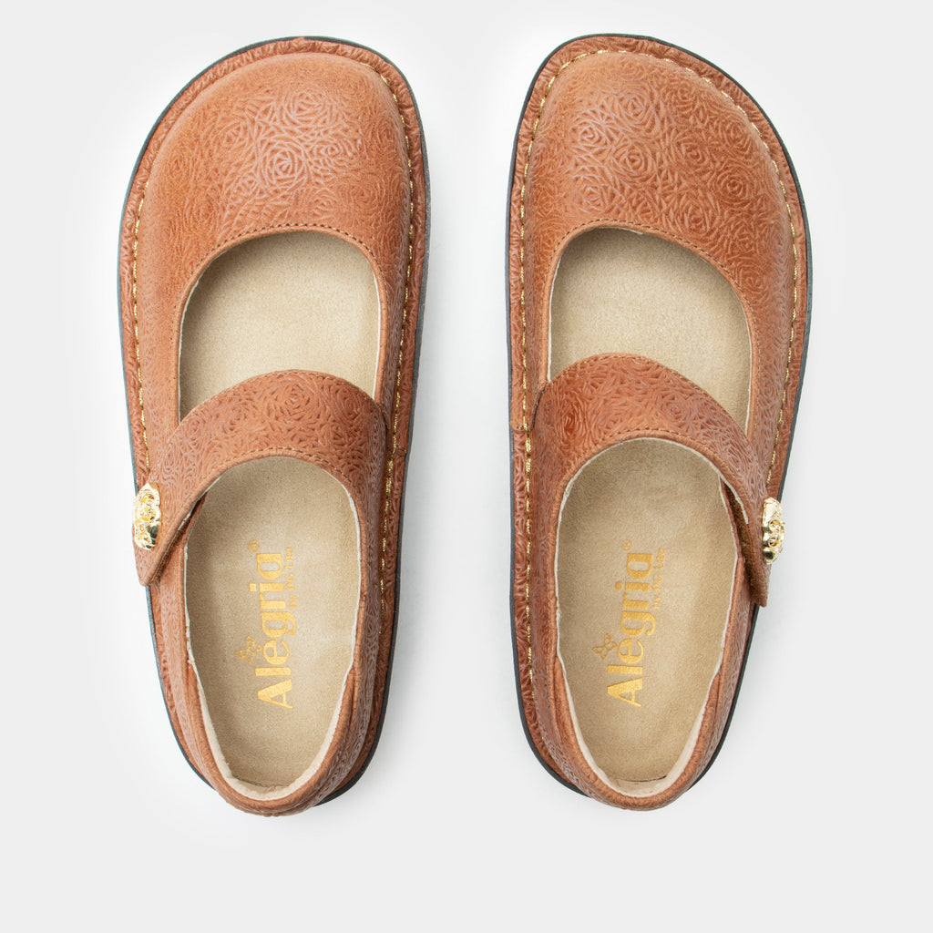 Paloma Carmelita Mary Jane on a Classic rocker outsole | Carmel colored mary jane shoe with laser etched leather uppers.