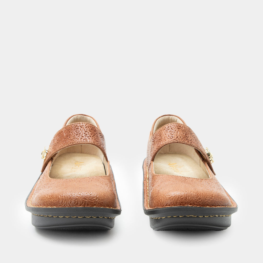 Paloma Carmelita Mary Jane on a Classic rocker outsole | Carmel colored mary jane shoe with laser etched leather uppers.