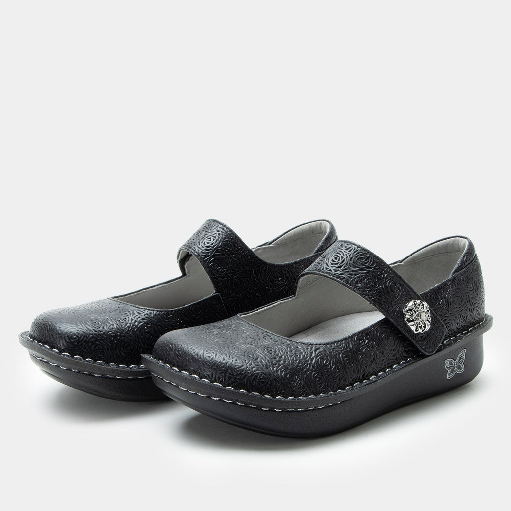 Paloma Inky Mary Jane on a Classic rocker outsole | Black colored mary jane shoe with laser etched leather uppers.