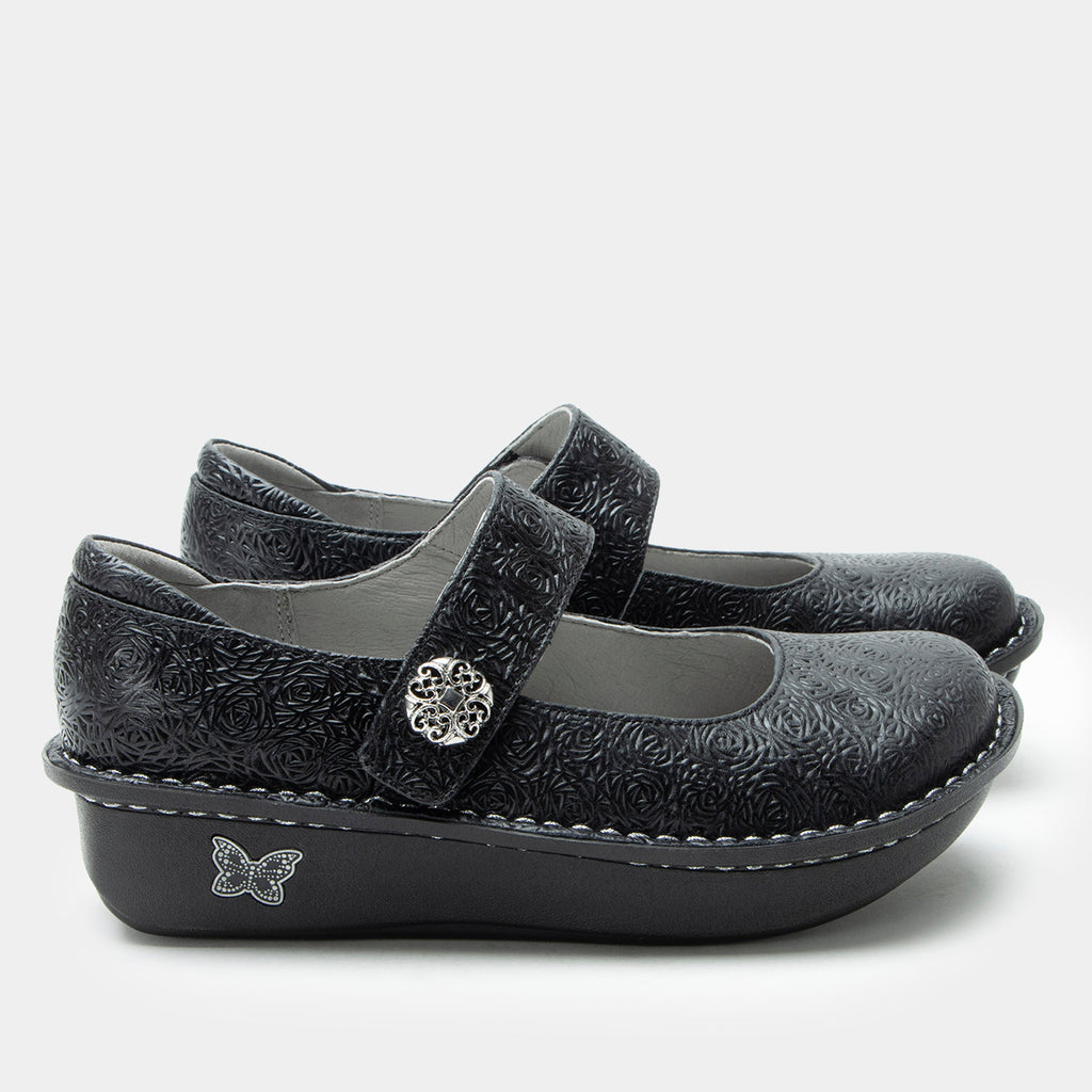 Paloma Inky Mary Jane on a Classic rocker outsole | Black colored mary jane shoe with laser etched leather uppers.