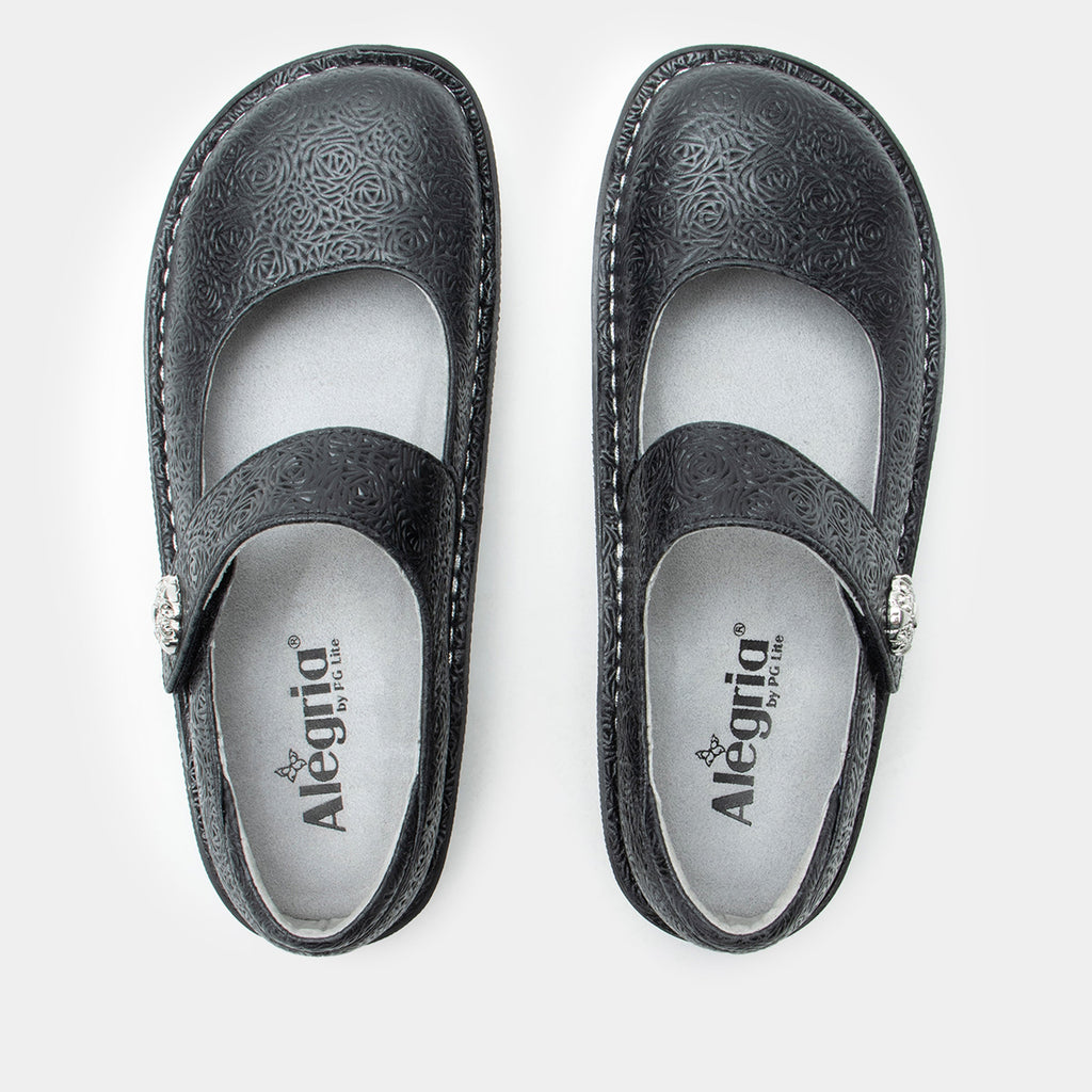 Paloma Inky Mary Jane on a Classic rocker outsole | Black colored mary jane shoe with laser etched leather uppers.