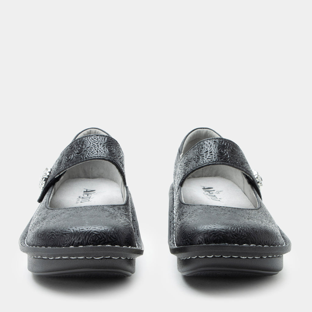 Paloma Inky Mary Jane on a Classic rocker outsole | Black colored mary jane shoe with laser etched leather uppers.