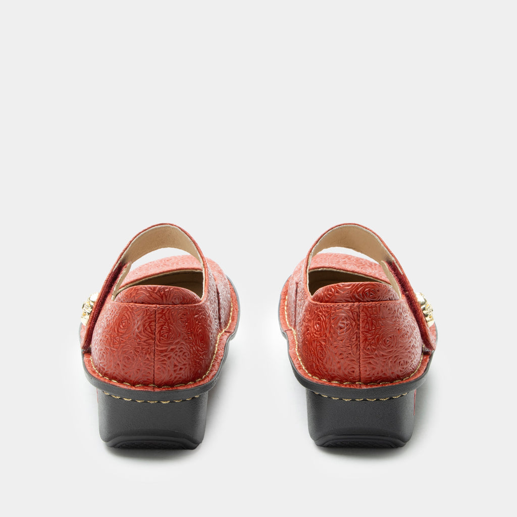 Paloma Coralita Mary Jane on a Classic rocker outsole | Coral colored mary jane shoe with laser etched leather uppers.