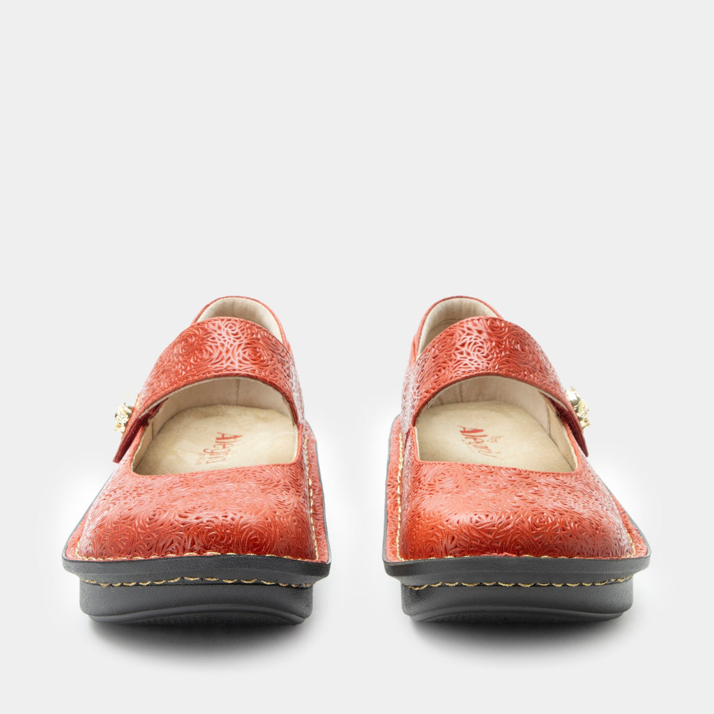 Paloma Coralita Mary Jane on a Classic rocker outsole | Coral colored mary jane shoe with laser etched leather uppers.