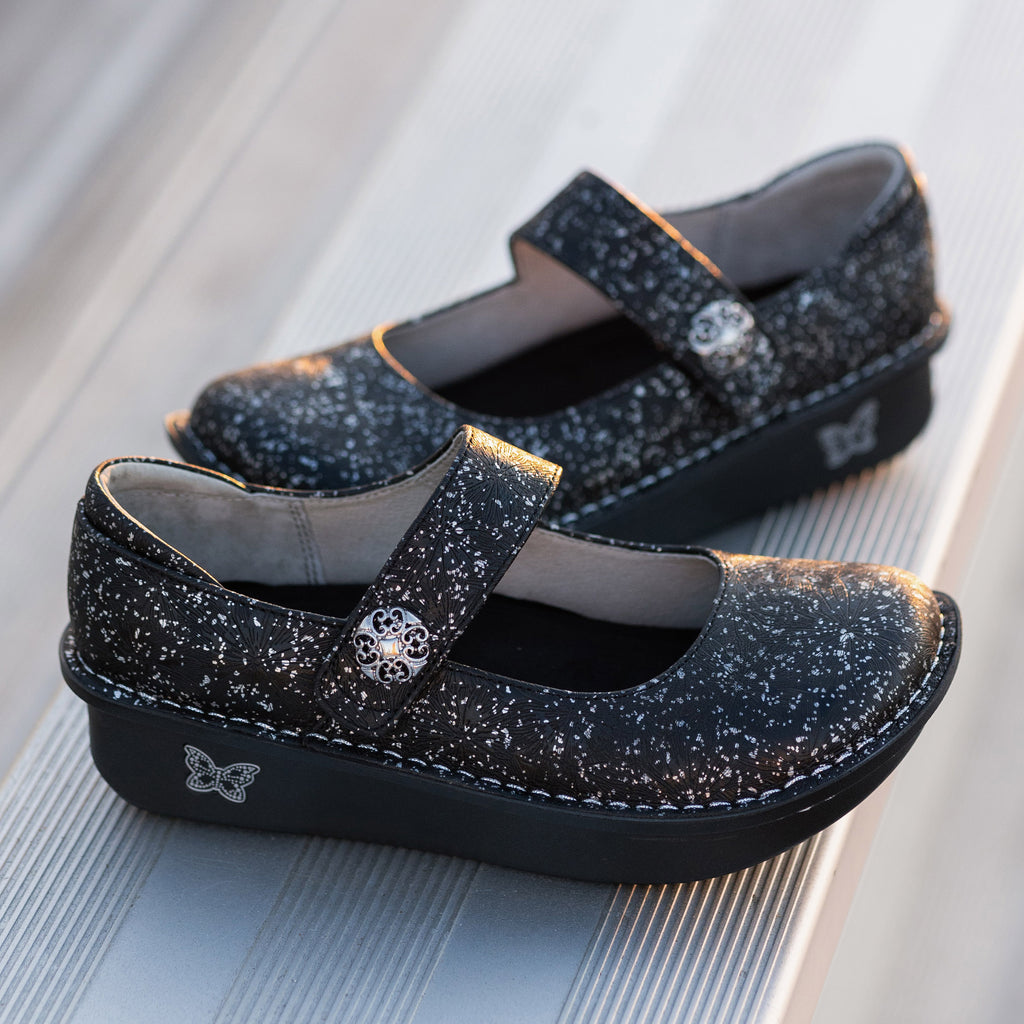 Paloma Stellar mary jane shoe | Black laser etched shoe on spackled leather upper.