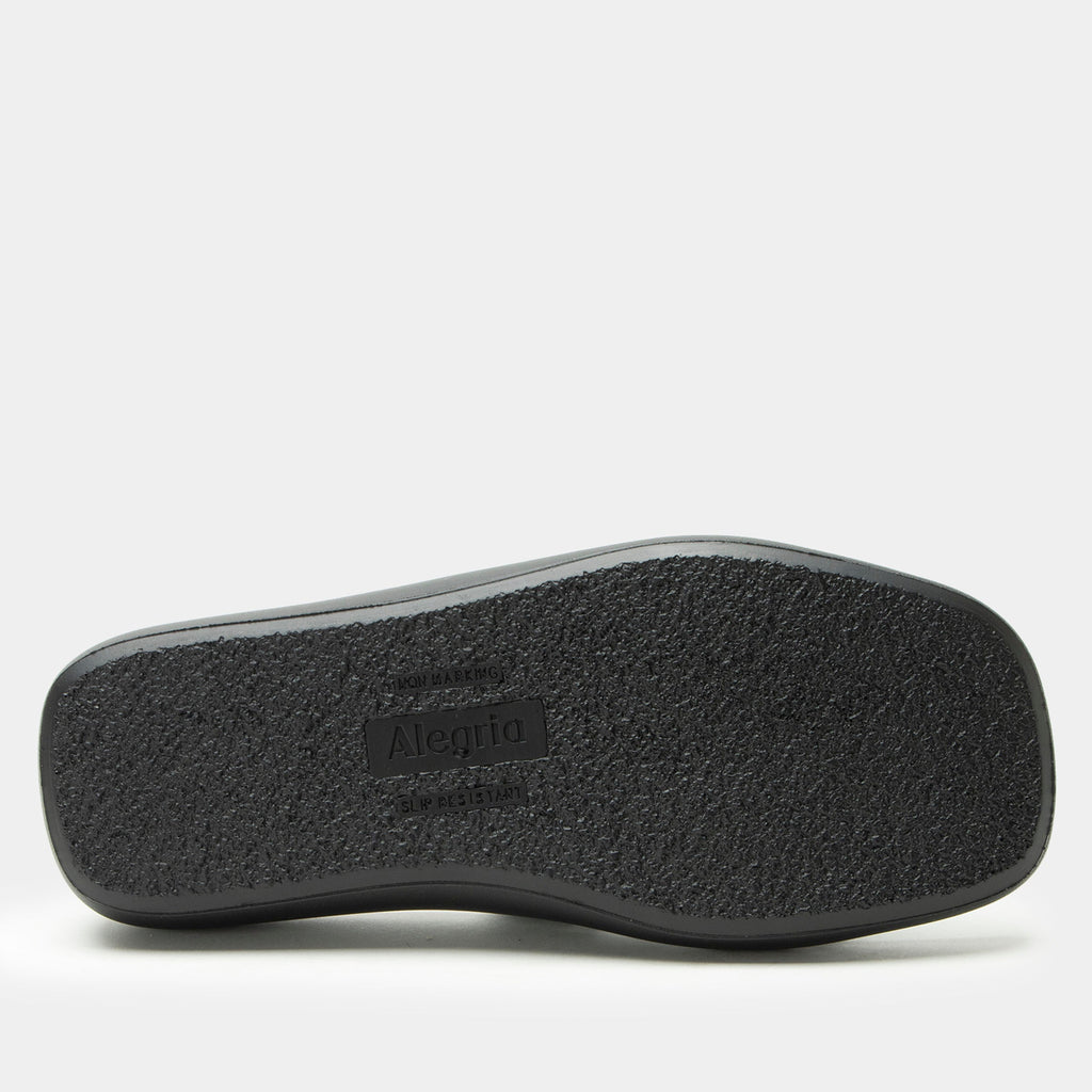 Portia Black sandal| Black leather slide on sandal on a lightweight outsole.