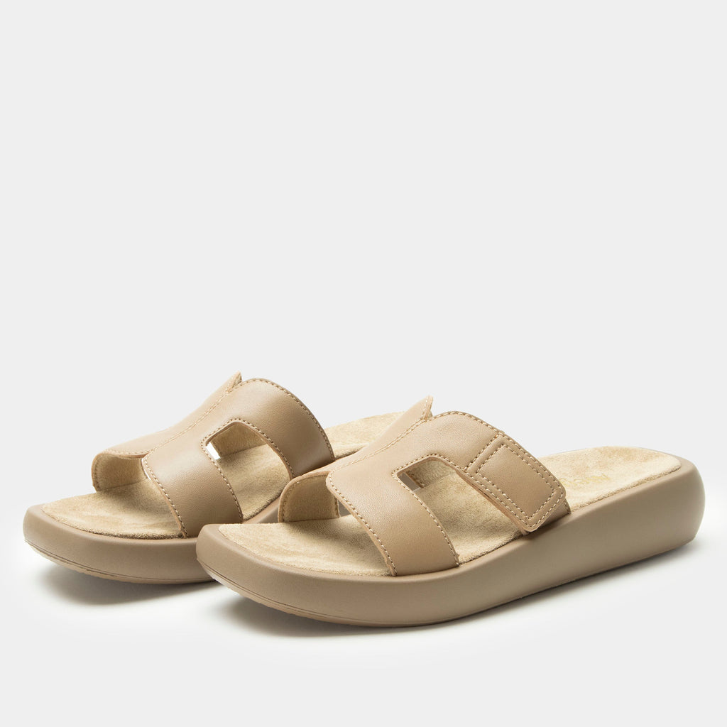 Portia Beige sandal| Tan leather slide on sandal on a lightwight outsole.