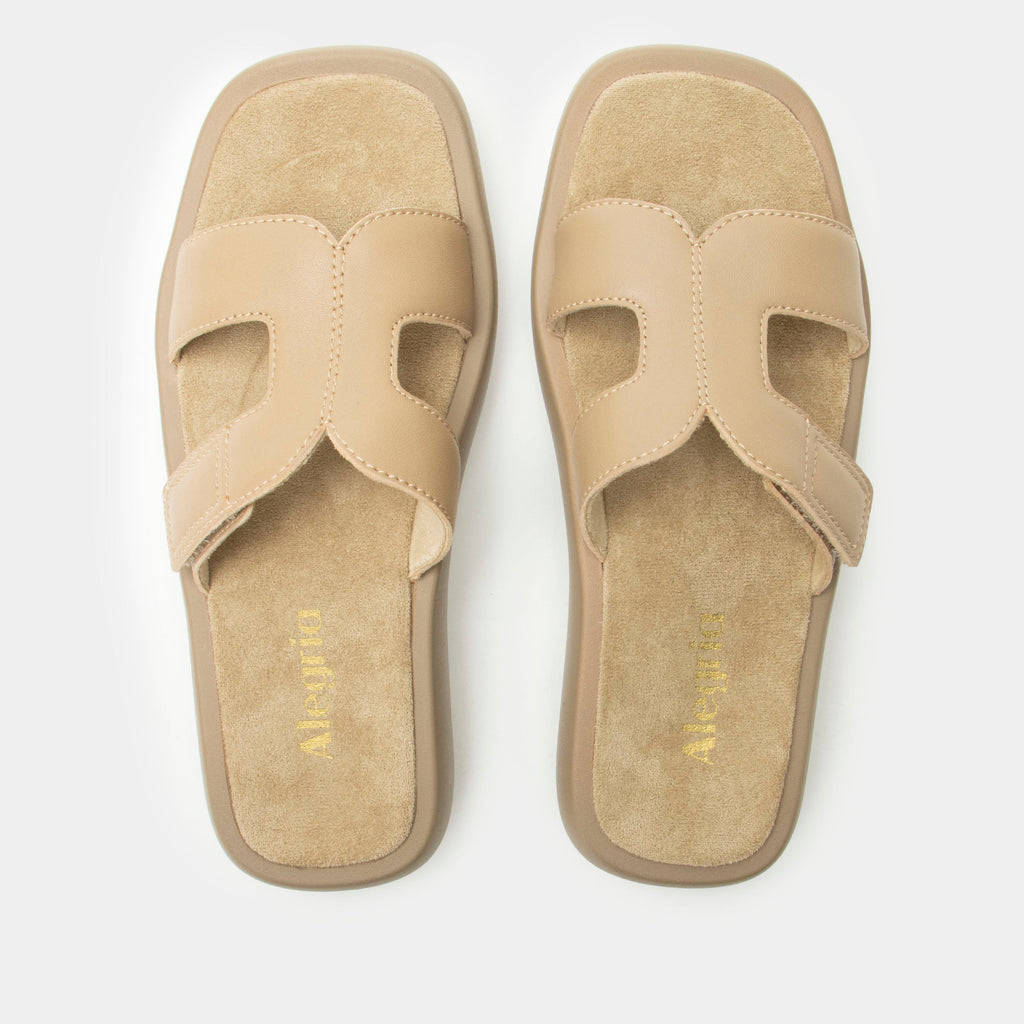 Portia Beige sandal| Tan leather slide on sandal on a lightwight outsole.