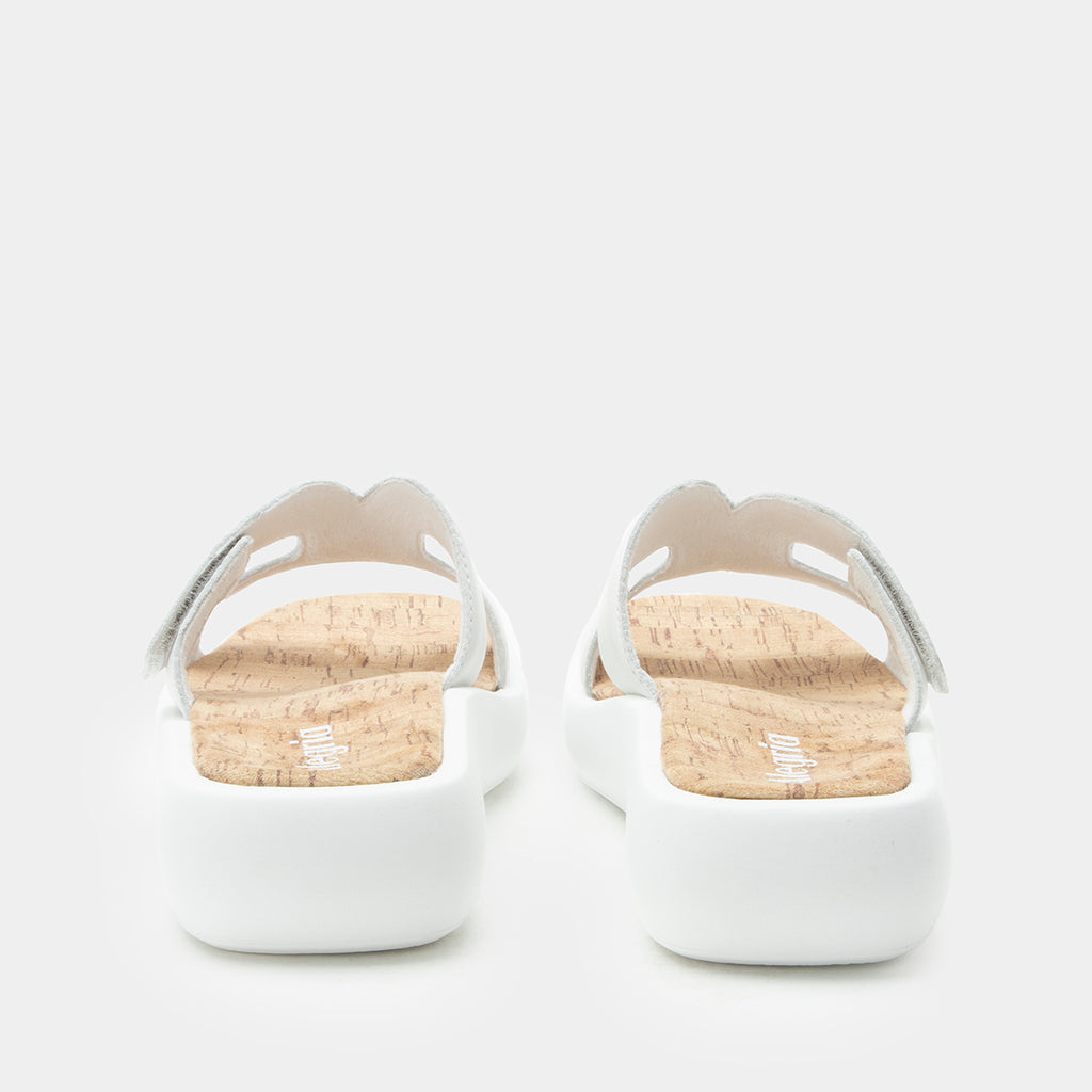 Portia All White sandal| white leather slide on sandal on a lightweight outsole.