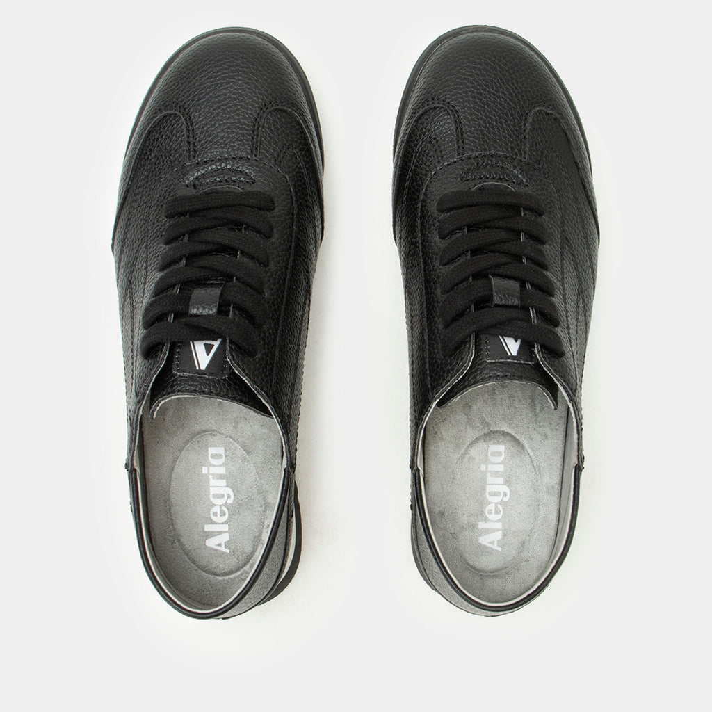 Reagan Black shoe on a lightweight Retro sport outsole. | Black lace up shoe on vegan leather uppers.