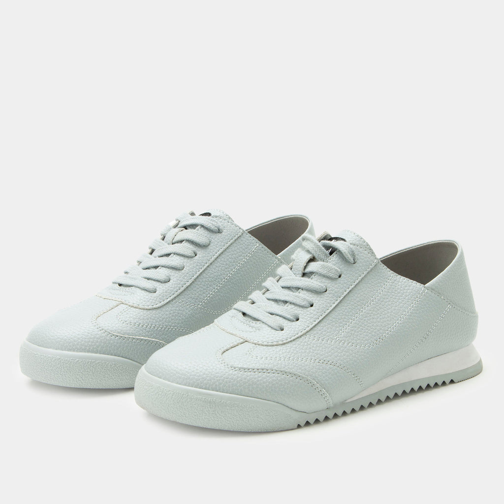 Reagan Blue Fox shoe on a lightweight Retro sport outsole. | Light grey lace up shoe on vegan leather uppers.