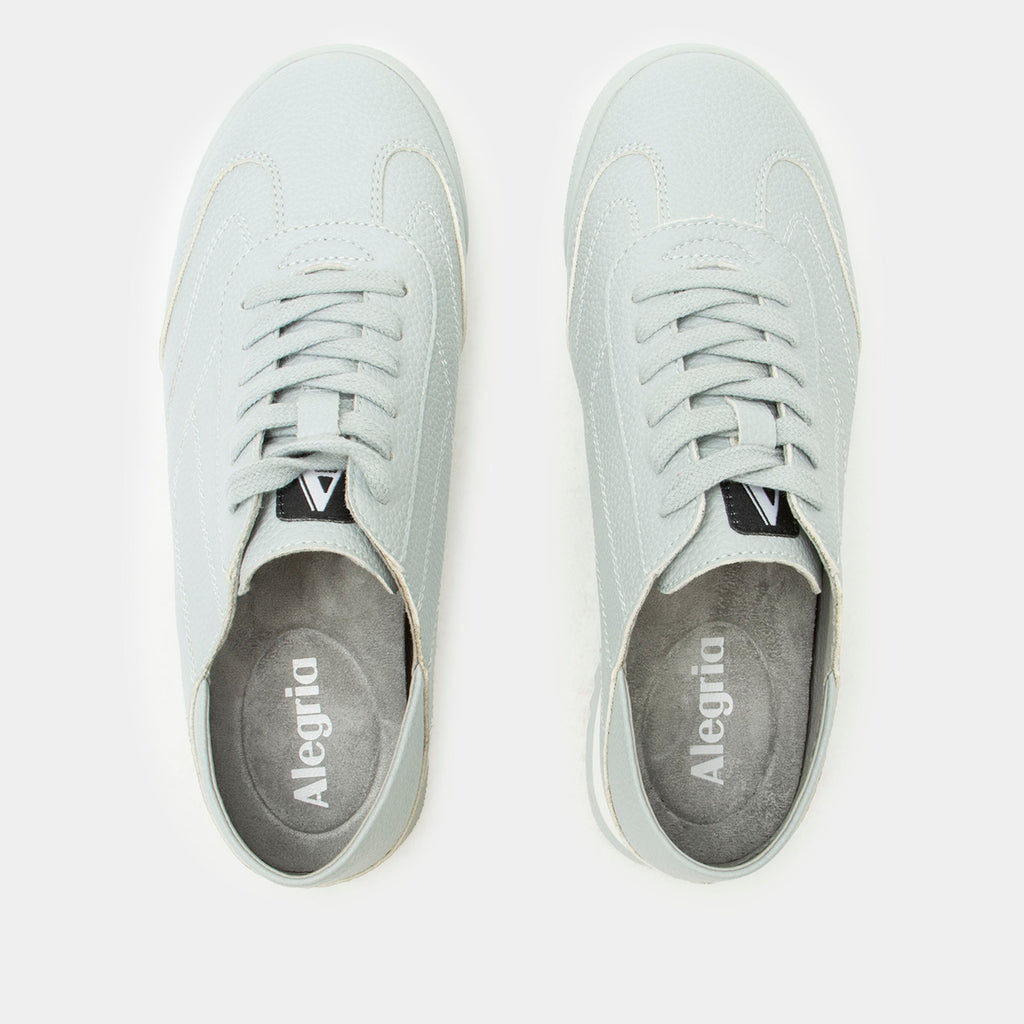 Reagan Blue Fox shoe on a lightweight Retro sport outsole. | Light grey lace up shoe on vegan leather uppers.