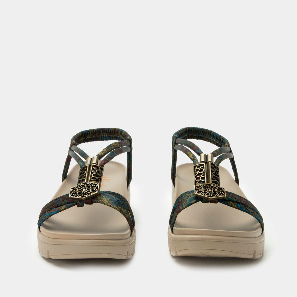 Roz Pretty Elite t-strap sandal | Multi colored floral braided vegan uppers and decorative bronze hardware.