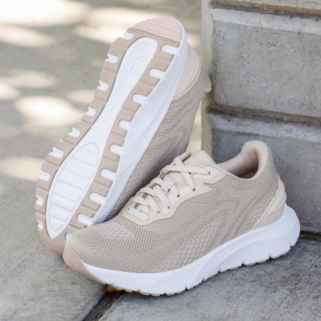 Rize Beige shoe on a lightweight EVA Rebounce outsole| Lace up beige shoe with Dream Fit knit uppers.