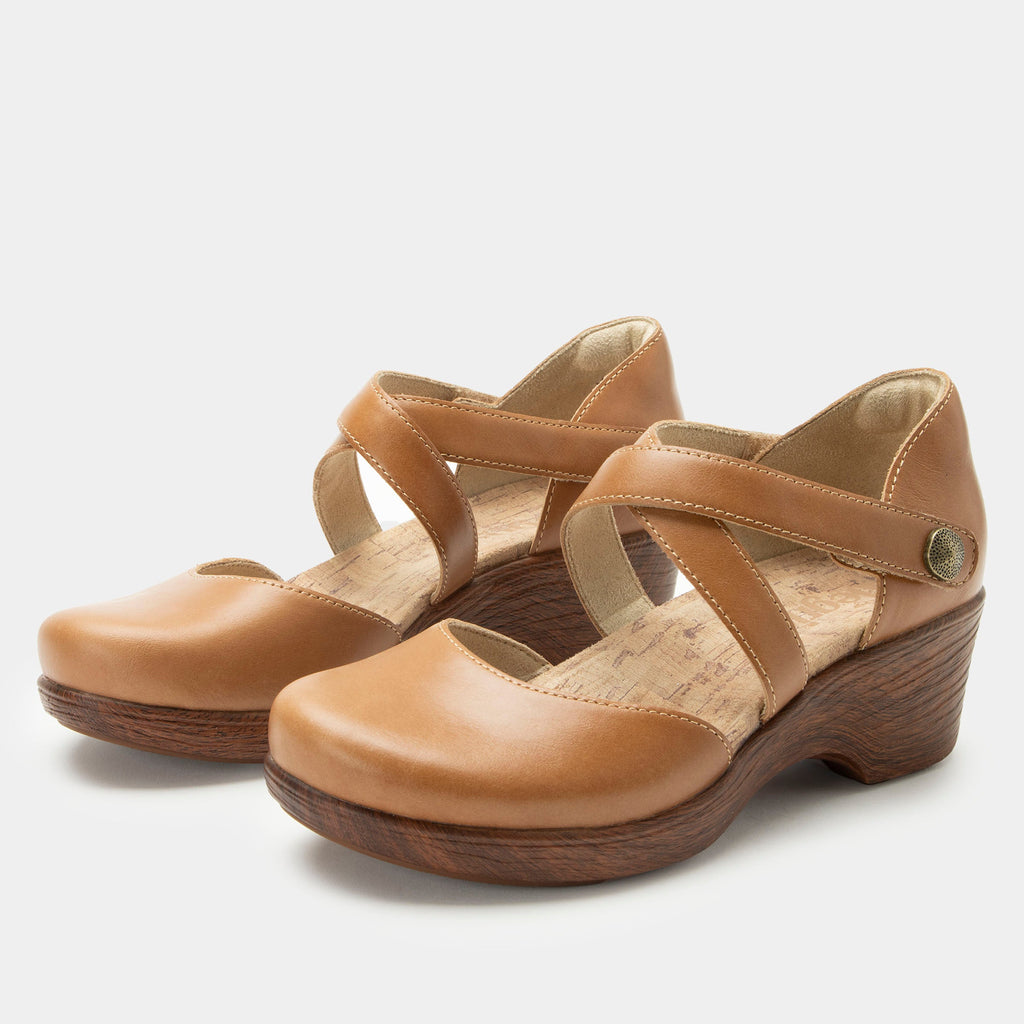 Savina Latte shoe with an adjustable strap on a wood look wedge outsole | Brown colored mary jane style shoe on a wedge.