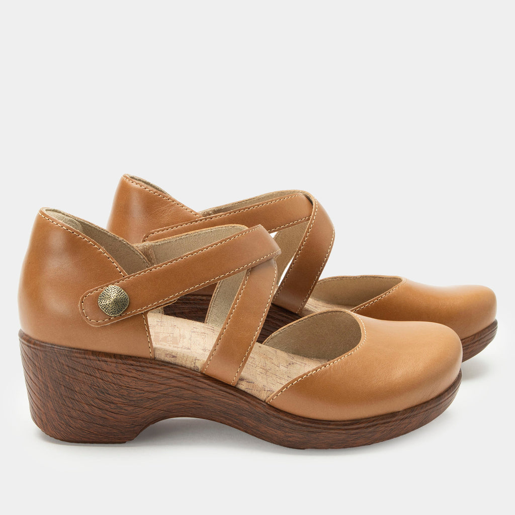 Savina Latte shoe with an adjustable strap on a wood look wedge outsole | Brown colored mary jane style shoe on a wedge.