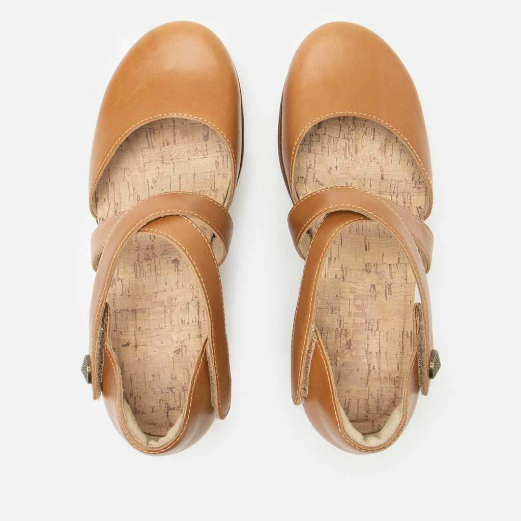 Savina Latte shoe with an adjustable strap on a wood look wedge outsole | Brown colored mary jane style shoe on a wedge.