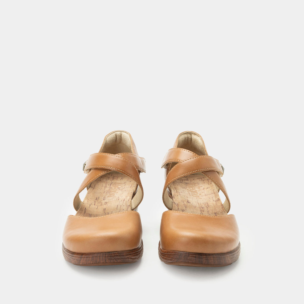 Savina Latte shoe with an adjustable strap on a wood look wedge outsole | Brown colored mary jane style shoe on a wedge.