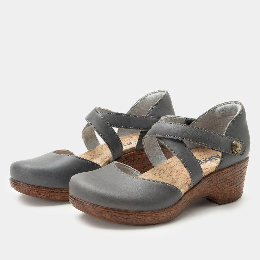 Savina Stone shoe with an adjustable strap on a wood look wedge outsole | Grey colored mary jane style shoe on a wedge.