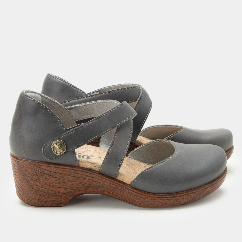 Savina Stone shoe with an adjustable strap on a wood look wedge outsole | Grey colored mary jane style shoe on a wedge.