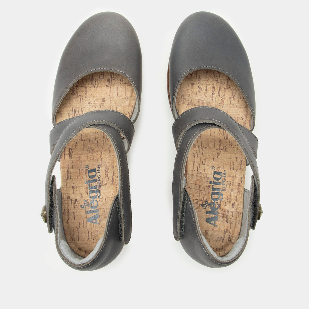 Savina Stone shoe with an adjustable strap on a wood look wedge outsole | Grey colored mary jane style shoe on a wedge.