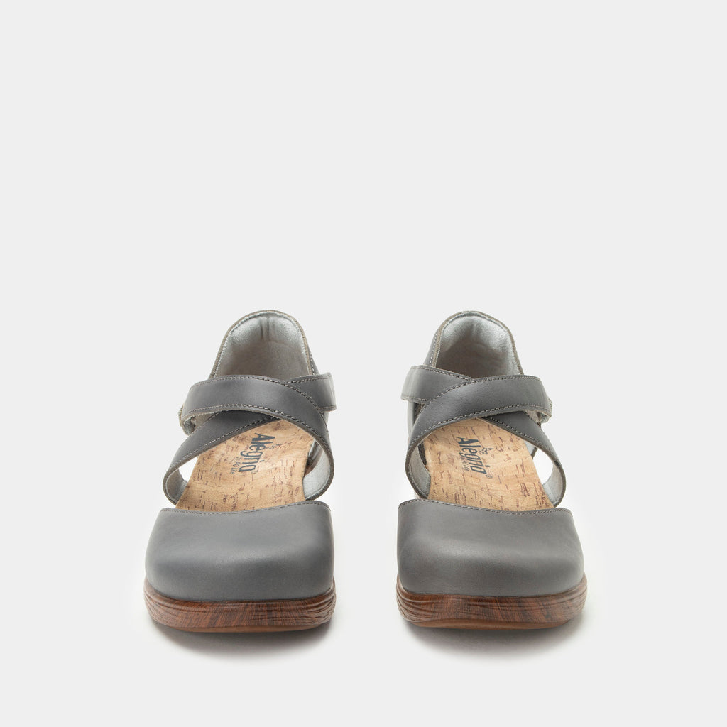 Savina Stone shoe with an adjustable strap on a wood look wedge outsole | Grey colored mary jane style shoe on a wedge.