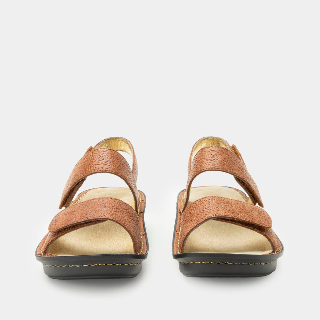 Verona Carmelita three strap adjustable sandal | Brown laser etched multi strap sandal on a mini rocker outsole.