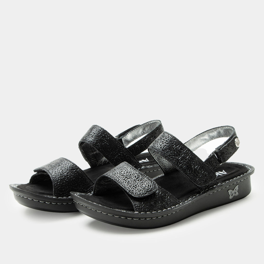 Verona Inky three strap adjustable sandal | Black laser etched multi strap sandal on a mini rocker outsole.