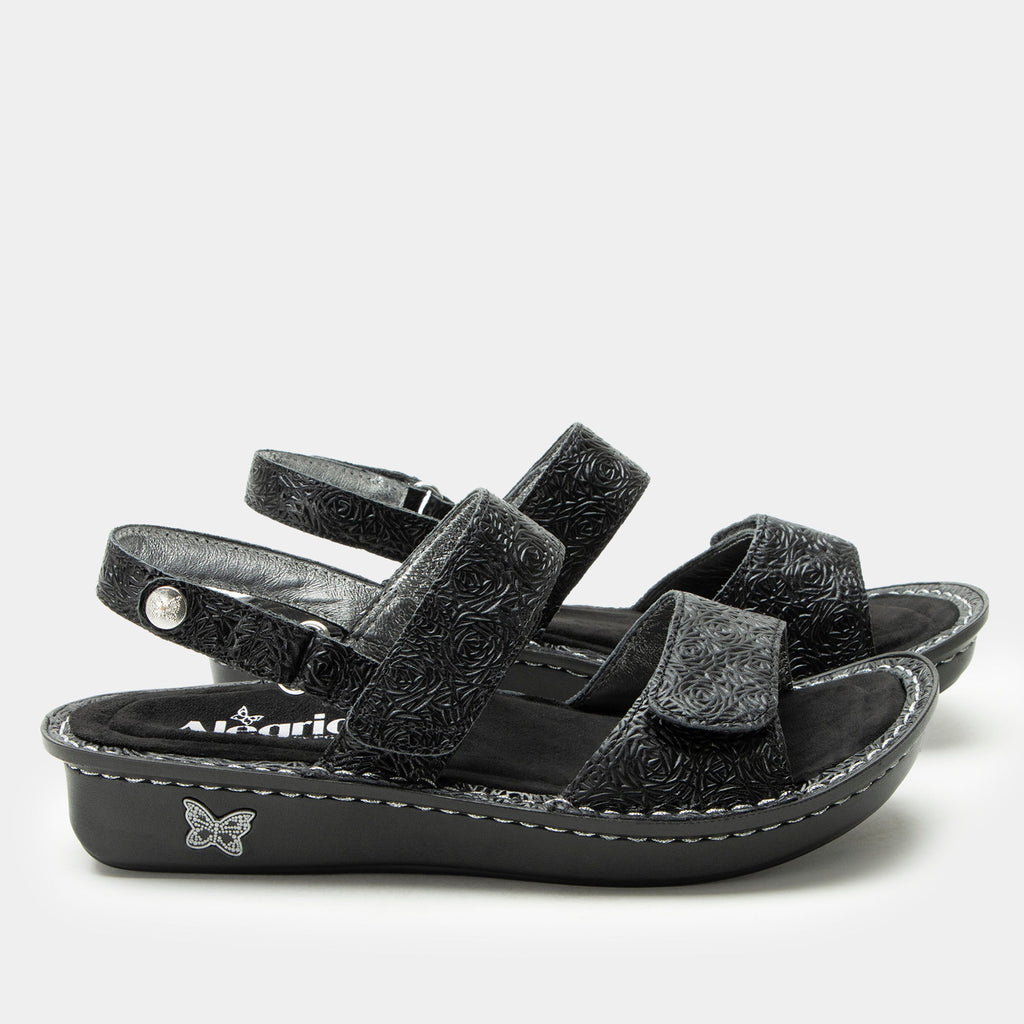 Verona Inky three strap adjustable sandal | Black laser etched multi strap sandal on a mini rocker outsole.