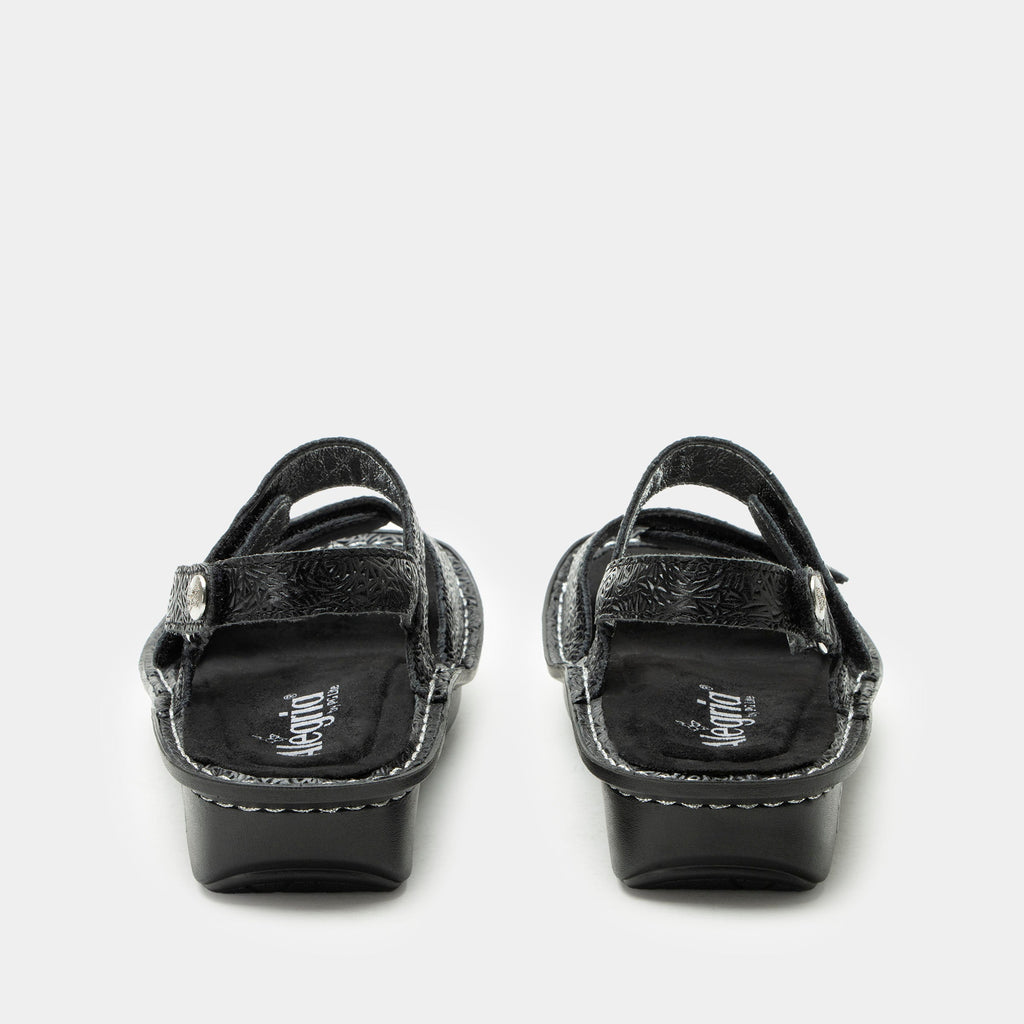 Verona Inky three strap adjustable sandal | Black laser etched multi strap sandal on a mini rocker outsole.