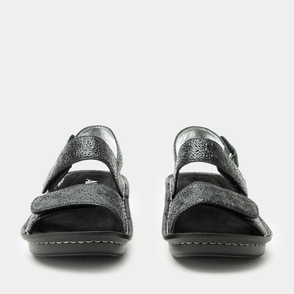 Verona Inky three strap adjustable sandal | Black laser etched multi strap sandal on a mini rocker outsole.