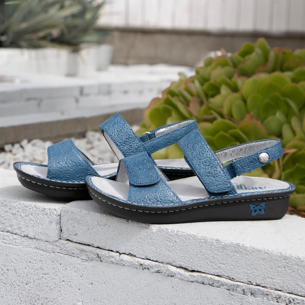 Verona Aqualita three strap adjustable sandal | Blue laser etched multi strap sandal on a mini rocker outsole.