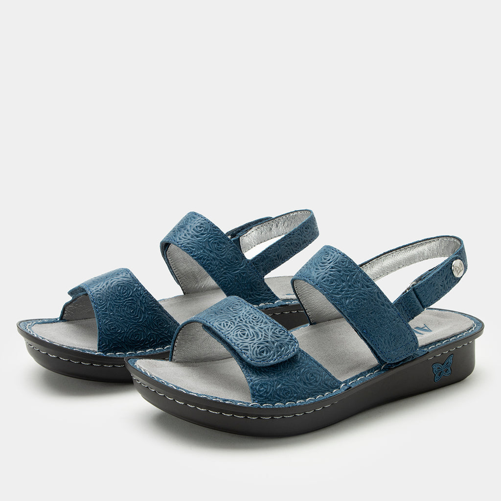 Verona Aqualita three strap adjustable sandal | Blue laser etched multi strap sandal on a mini rocker outsole.