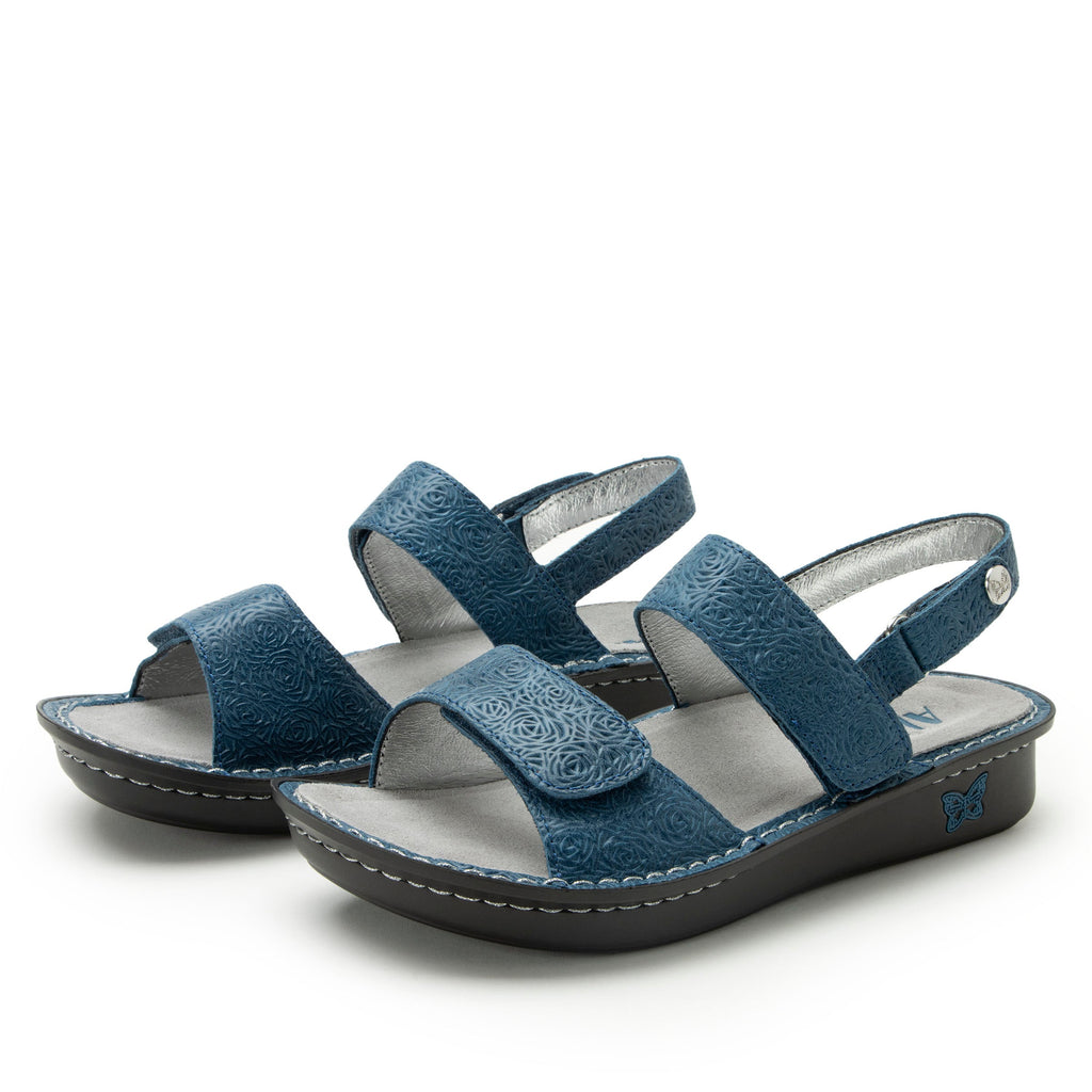 Verona Aqualita three strap adjustable sandal | Blue laser etched multi strap sandal on a mini rocker outsole.