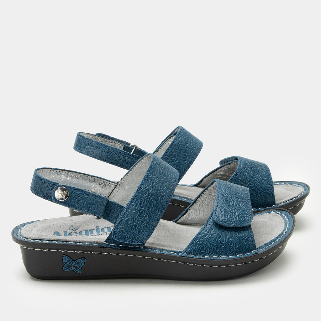 Verona Aqualita three strap adjustable sandal | Blue laser etched multi strap sandal on a mini rocker outsole.