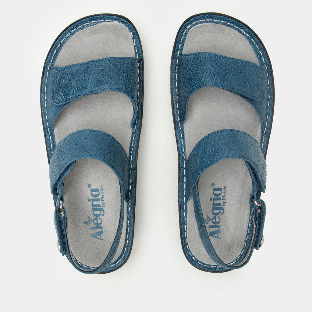 Verona Aqualita three strap adjustable sandal | Blue laser etched multi strap sandal on a mini rocker outsole.