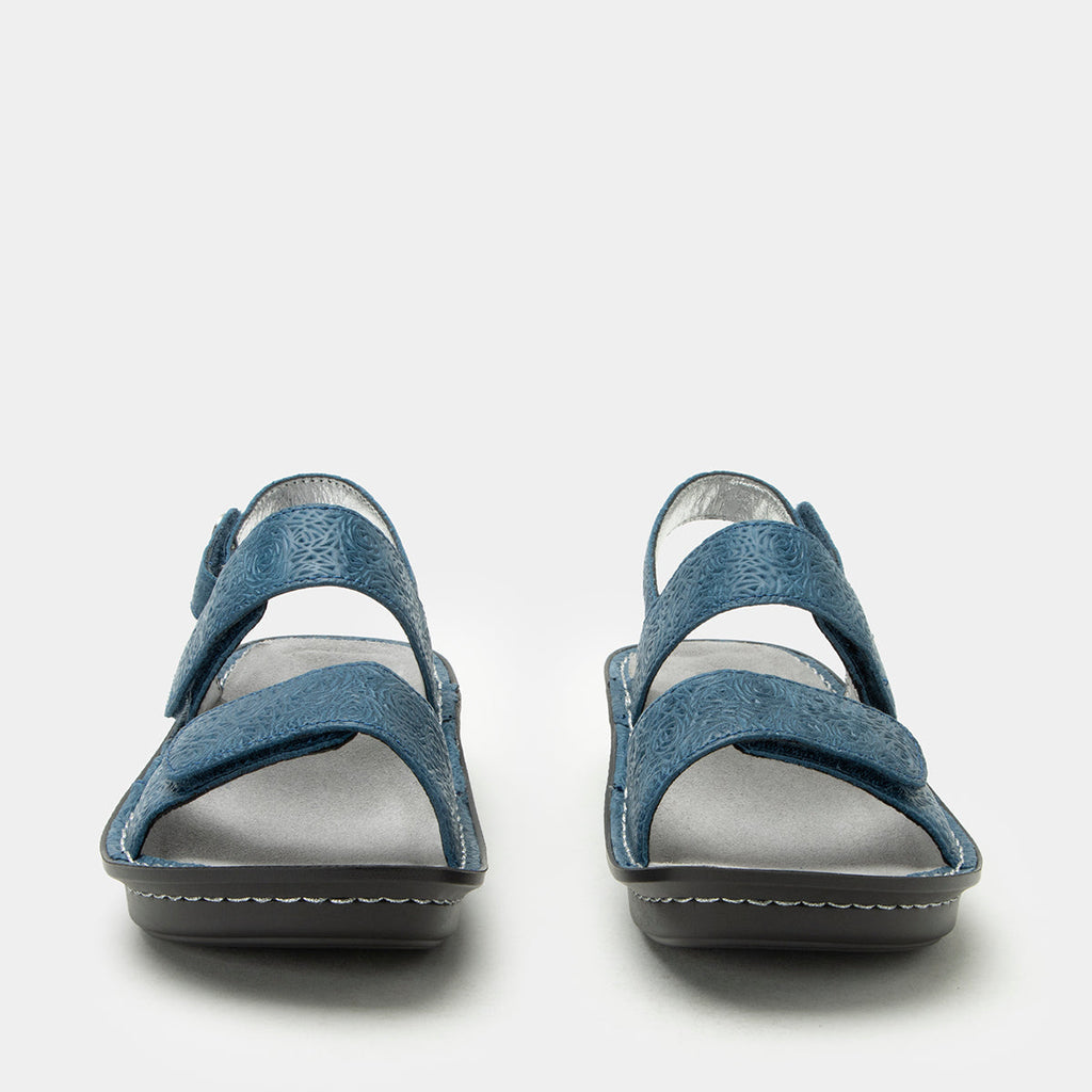 Verona Aqualita three strap adjustable sandal | Blue laser etched multi strap sandal on a mini rocker outsole.