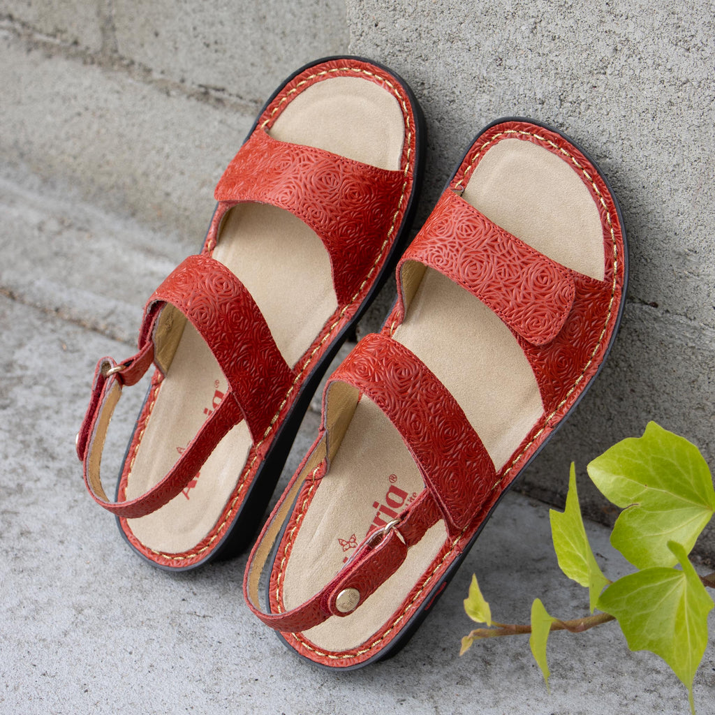 Verona Coralita three strap adjustable sandal | Red laser etched multi strap sandal on a mini rocker outsole.