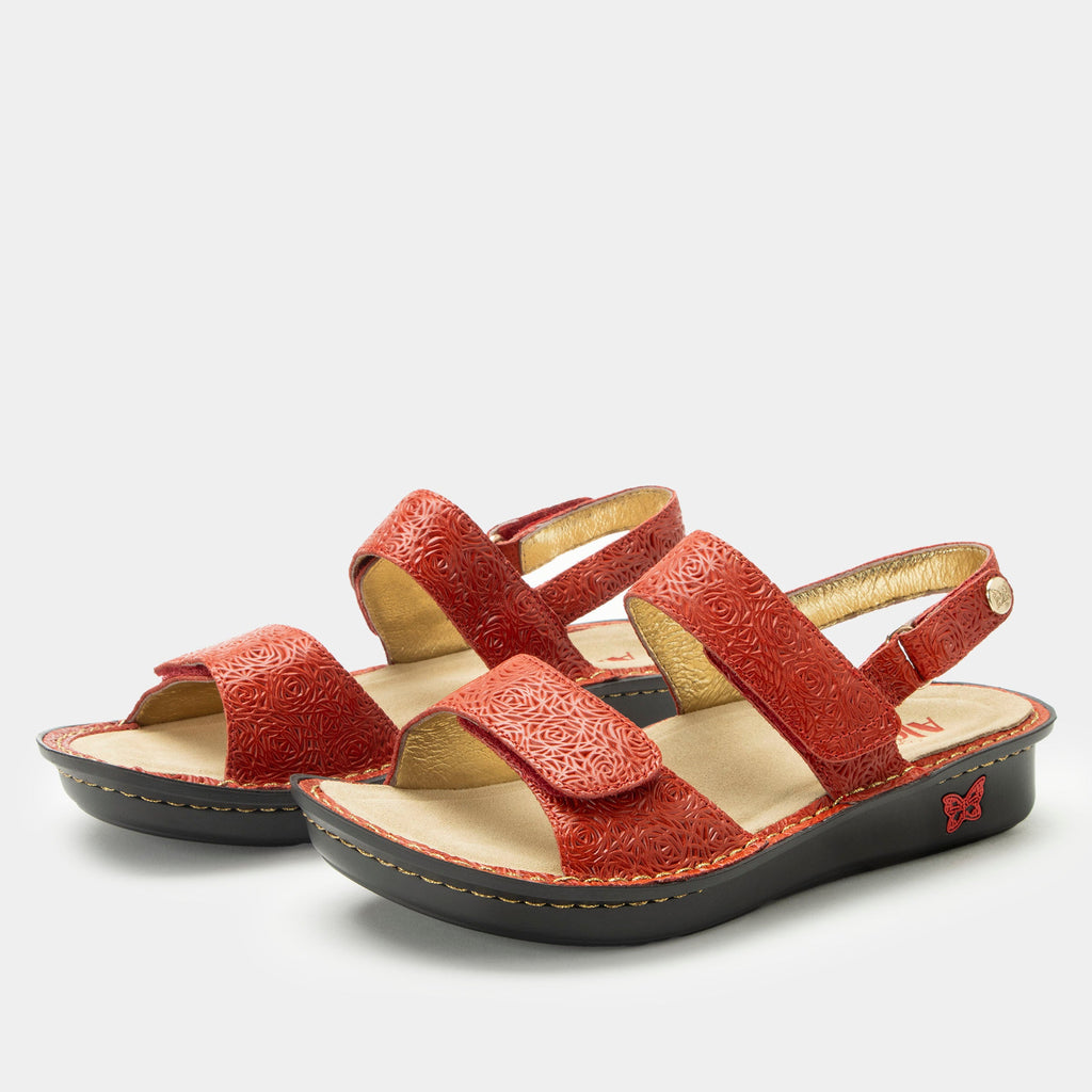 Verona Coralita three strap adjustable sandal | Red laser etched multi strap sandal on a mini rocker outsole.