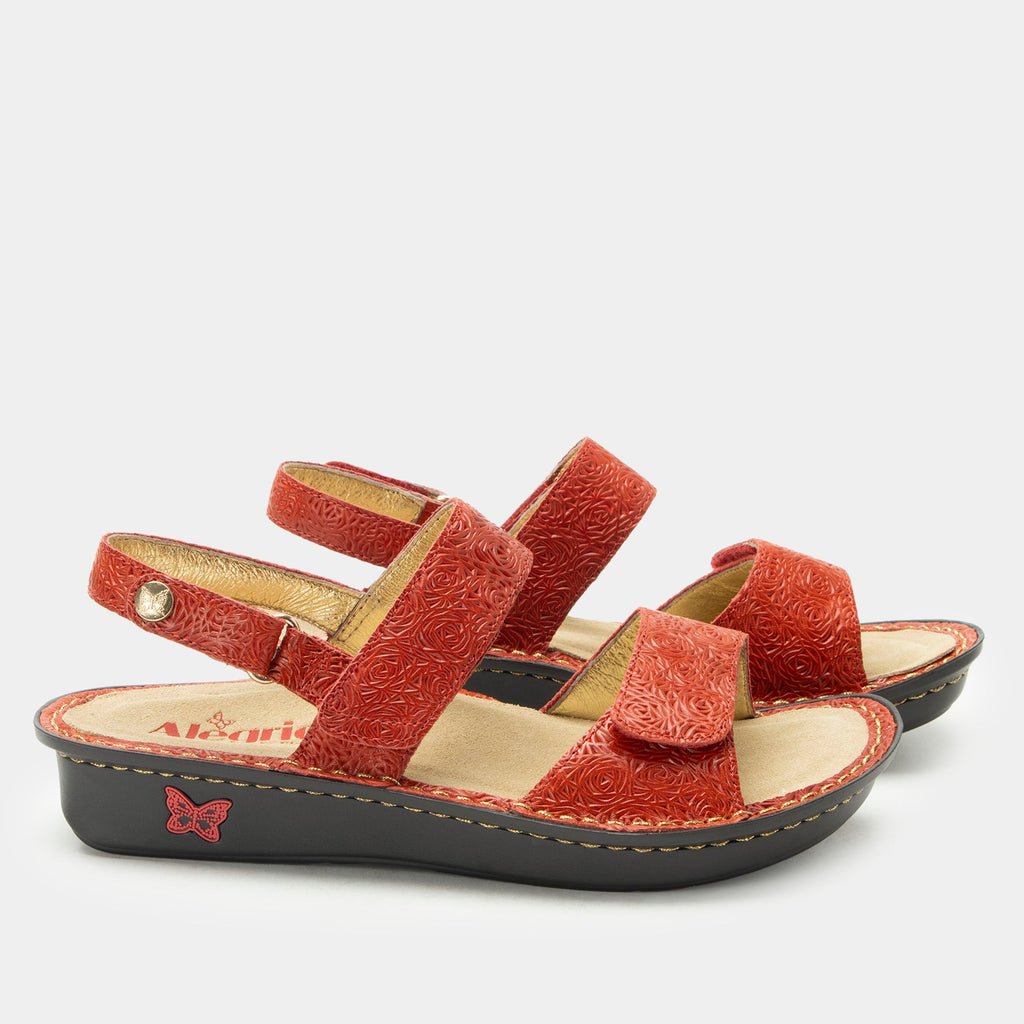 Verona Coralita three strap adjustable sandal | Red laser etched multi strap sandal on a mini rocker outsole.