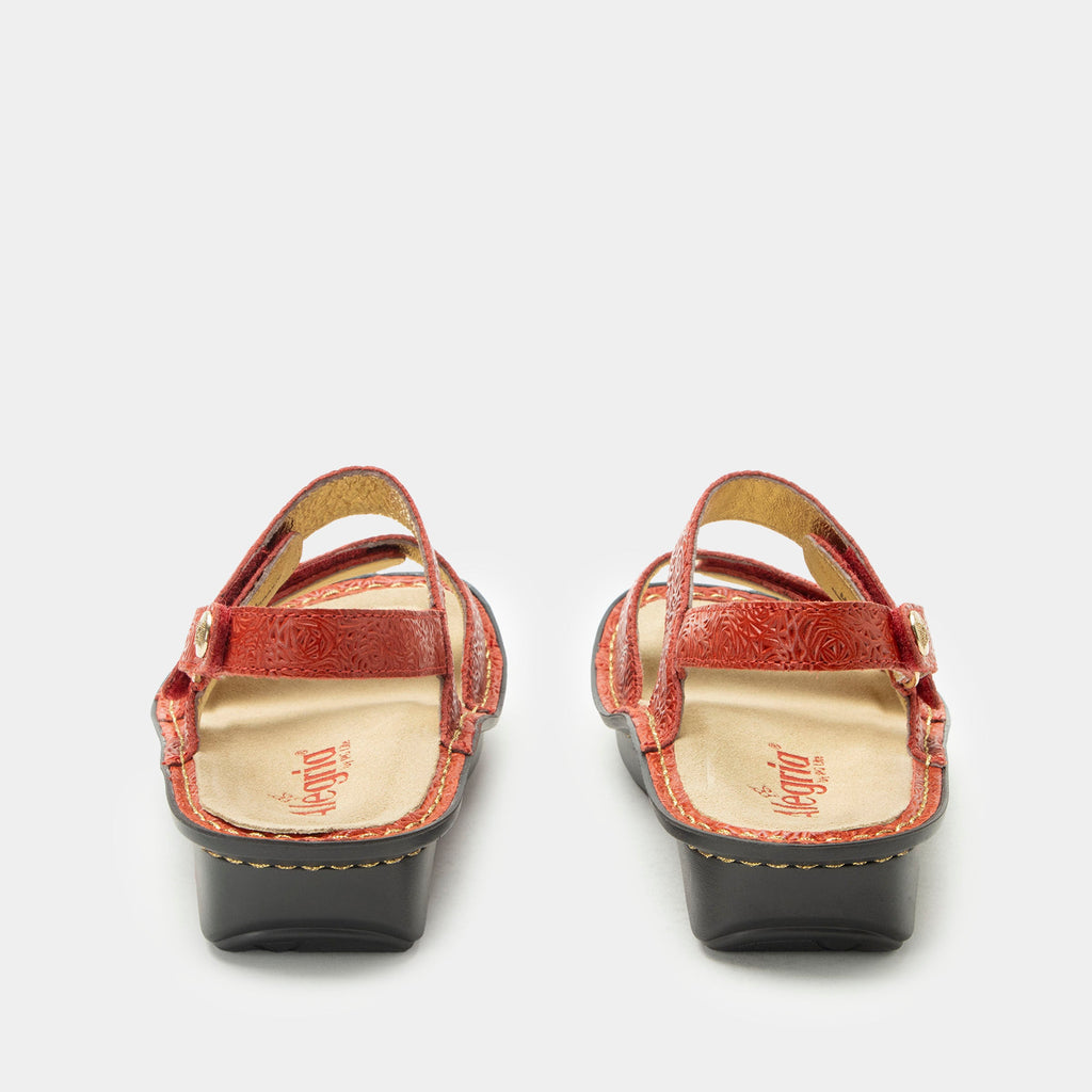 Verona Coralita three strap adjustable sandal | Red laser etched multi strap sandal on a mini rocker outsole.