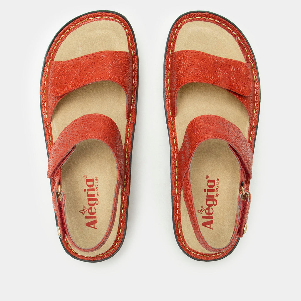 Verona Coralita three strap adjustable sandal | Red laser etched multi strap sandal on a mini rocker outsole.