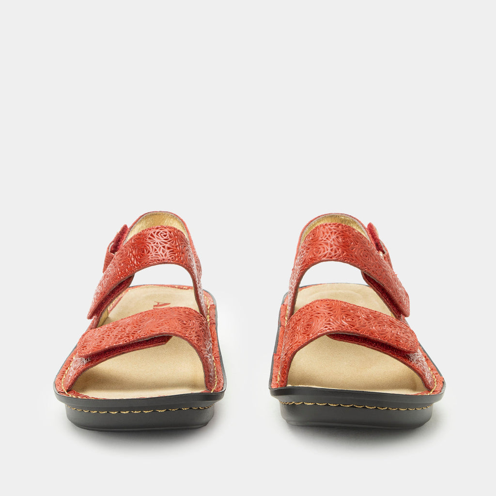 Verona Coralita three strap adjustable sandal | Red laser etched multi strap sandal on a mini rocker outsole.