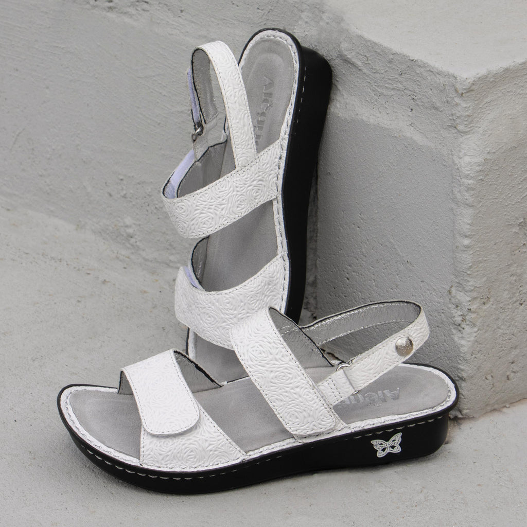 Verona Blancalita three strap adjustable sandal | White laser etched multi strap sandal on a mini rocker outsole.