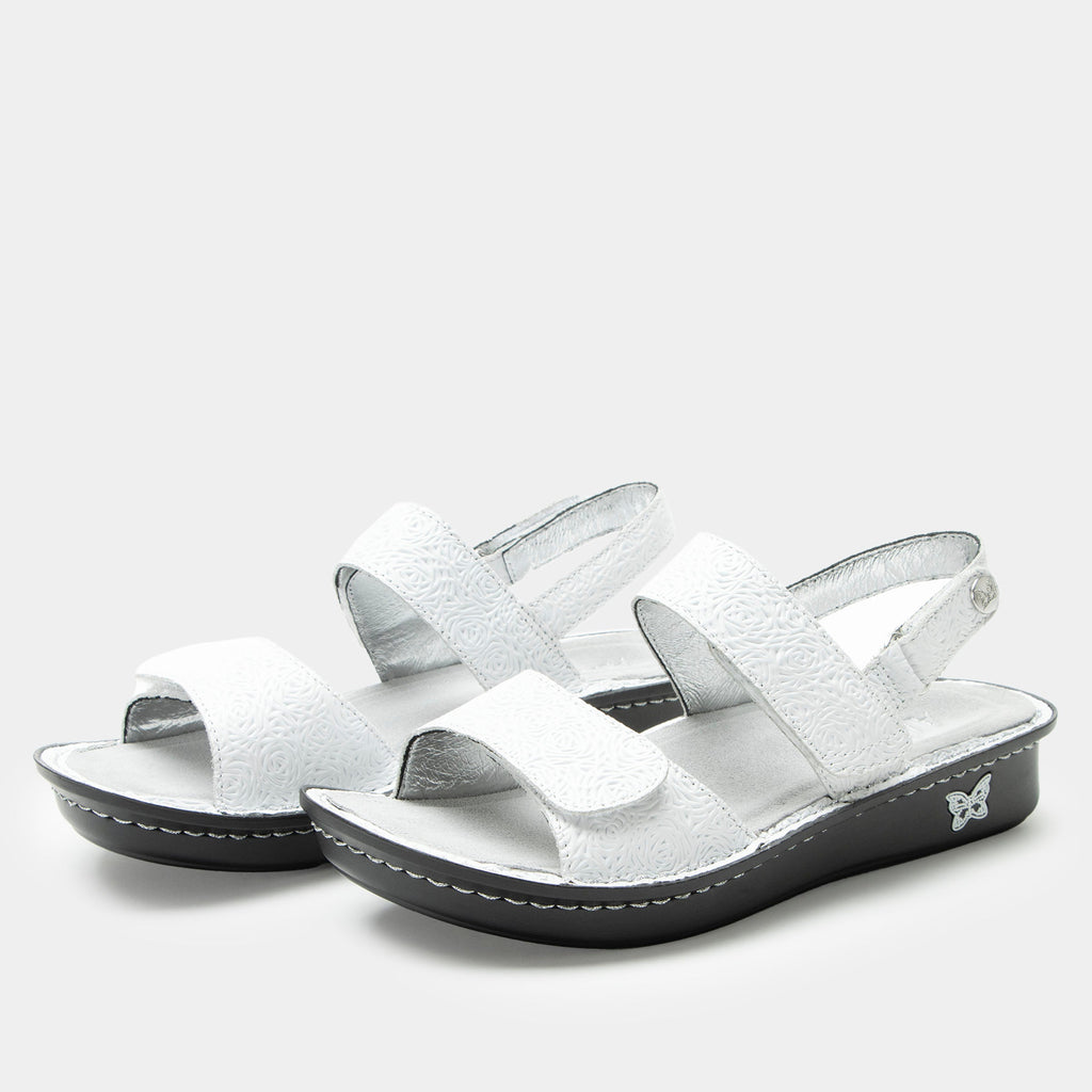 Verona Blancalita three strap adjustable sandal | White laser etched multi strap sandal on a mini rocker outsole.