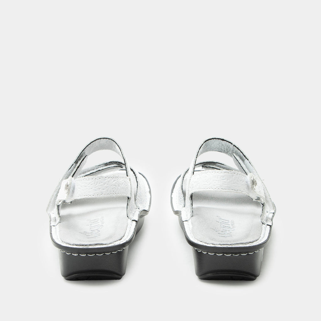 Verona Blancalita three strap adjustable sandal | White laser etched multi strap sandal on a mini rocker outsole.