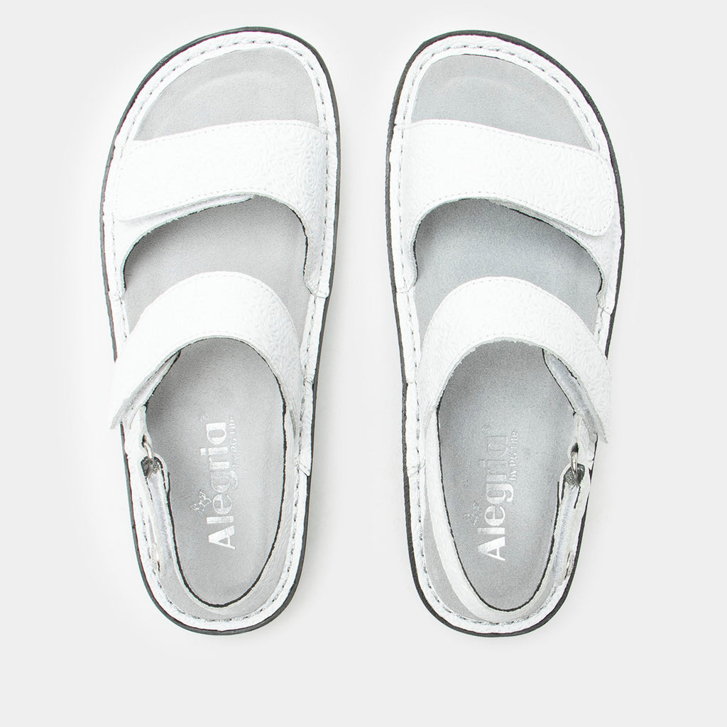 Verona Blancalita three strap adjustable sandal | White laser etched multi strap sandal on a mini rocker outsole.