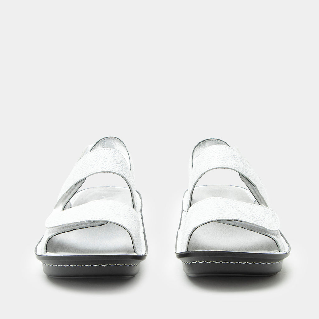 Verona Blancalita three strap adjustable sandal | White laser etched multi strap sandal on a mini rocker outsole.